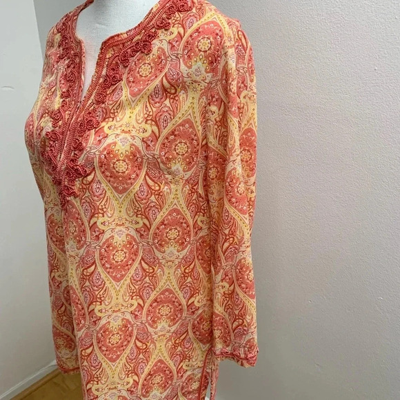 Rose & Thyme Tunic‎ Top Woman Medium Abstract Print Embroidery 100% Cotton K2 - Picture 3 of 10